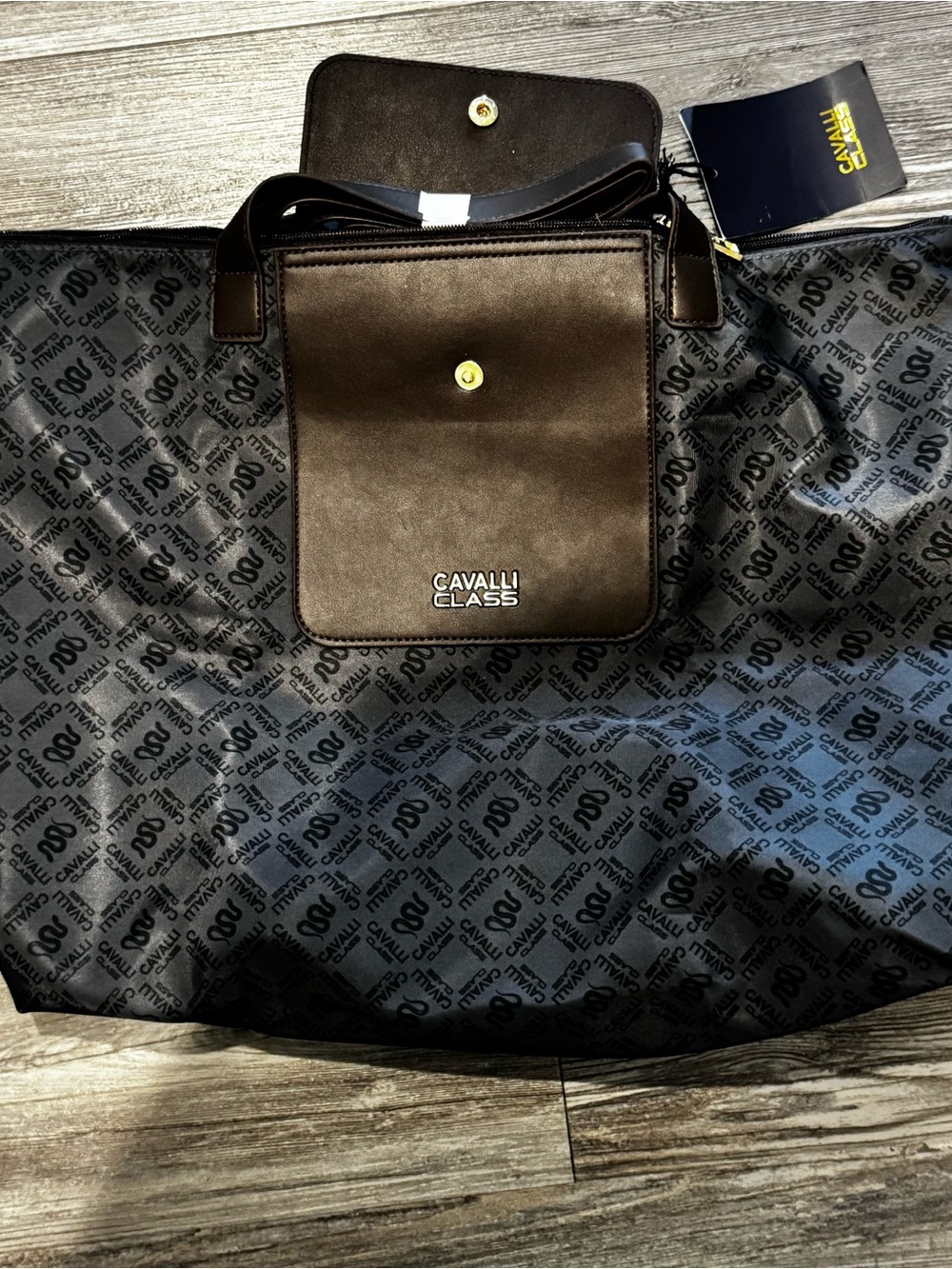 Cavalli Class Black Logo Tote with Front Pocket